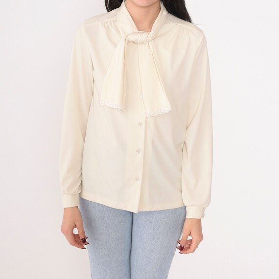 Cream Ascot Blouse 70s Button Up Necktie Shirt Retro Pussy Bow Tie Top Secretary Preppy Long Sleeve Modest Vintage 1970s Lady Blair Small S
