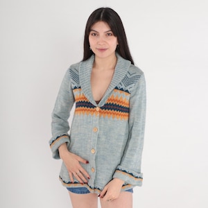 Fair Isle Cardigan 70s Blue Button up Knit Sweater Bell Sleeve Striped Icelandic Print Shawl Collar Nordic Acrylic Vintage 1970s Medium M
