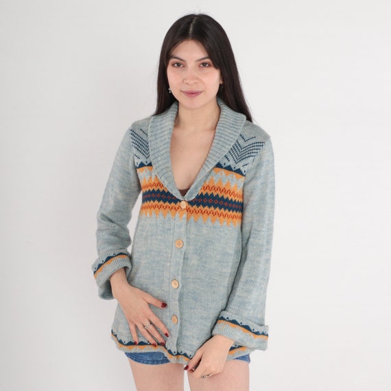 Fair Isle Cardigan 70s Blue Button up Knit Sweater Bell Sleeve Striped Icelandic Print Shawl Collar Nordic Acrylic Vintage 1970s Medium M