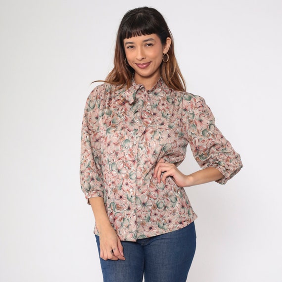 Floral Ascot Blouse 70s Neck Tie Top Boho Flower Leaf Print Shirt Pussy Bow Button Up 3/4 Puff Sleeve Bohemian Hippie Vintage 1970s Medium M