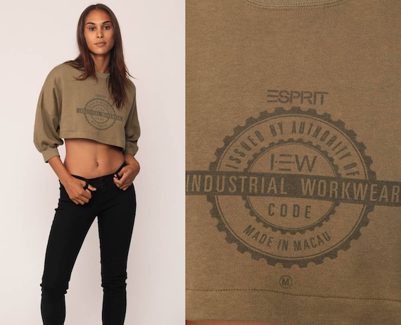 Esprit Sweatshirt Cropped Shirt 80s Sweater Crop Top Streetwear Pullover Jumper 90s Army Brown Vintage Retro Medium