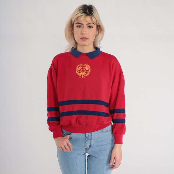 Vintage Red Anchor Sweatshirt 90s Nautical Collared Sweatshirt Blue Striped Pullover Polo Sweater Sailing Crest Graphic Retro 1990s Small S