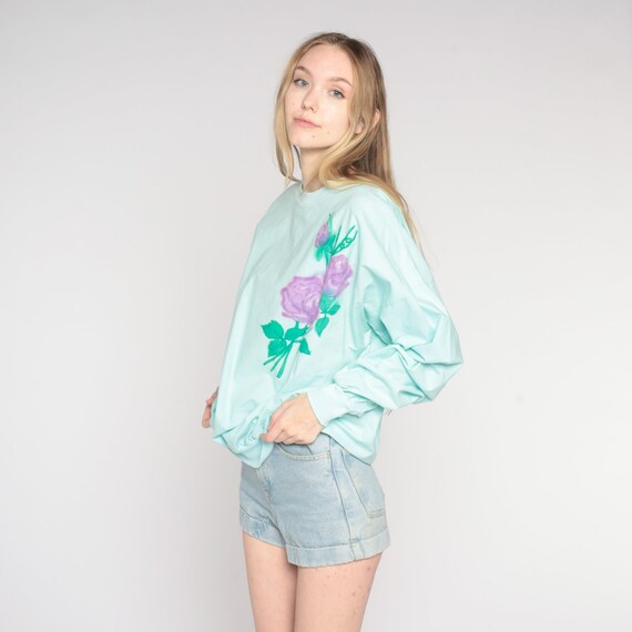 Rose Sweatshirt 80s Mint Blue Floral Sweatshirt A… - image 3