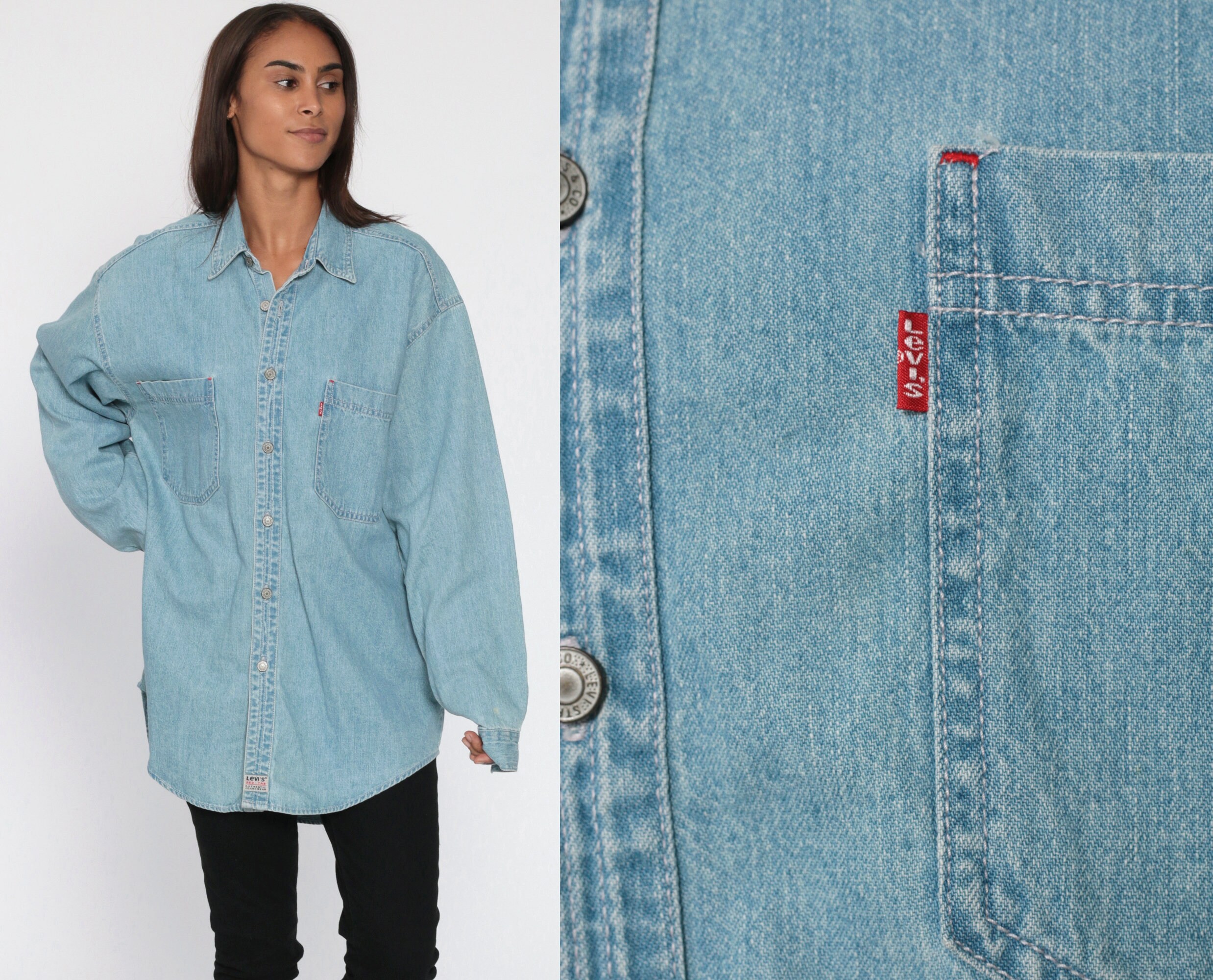 Levis Denim Shirt 90s Light Blue Button Up Shirt Jean Shirt Grunge  Streetwear Long Sleeve Cotton Oversized Button Down Medium Large