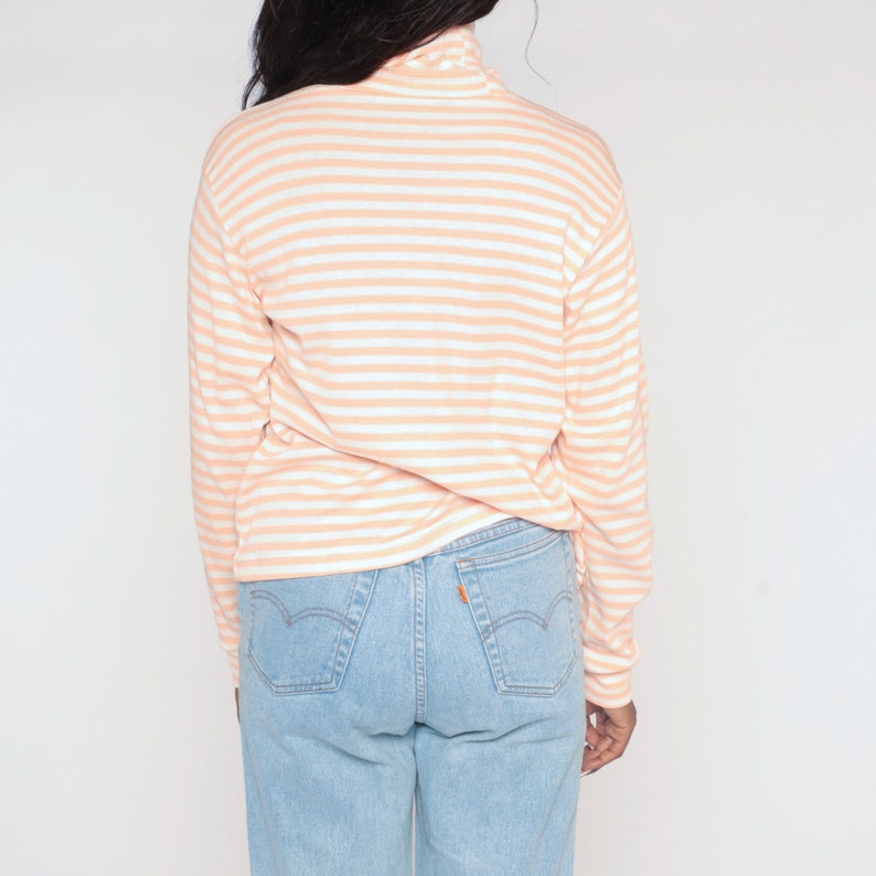 Striped Turtleneck Shirt 80s Long Sleeve Top Retro Basic Hipster Turtle Neck Pullover Simple Casual Blouse White Peach Vintage 1980s Large L image 7