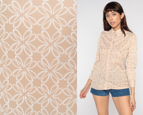 70s Button Up Shirt Tan Abstract Flower Disco Shirt Vera Dagger Collar Top Bohemian Blouse Floral Vintage 1970s Hippie Long Sleeve Small