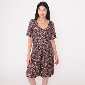 Floral Romper 90s Babydoll Playsuit Flower Print Wide Leg Pleated Shorts Short Sleeve Summer Black Pink Vintage 1990s Expressions Medium M