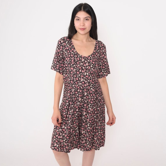 Floral Romper 90s Babydoll Playsuit Flower Print Wide Leg Pleated Shorts Short Sleeve Summer Black Pink Vintage 1990s Expressions Medium M