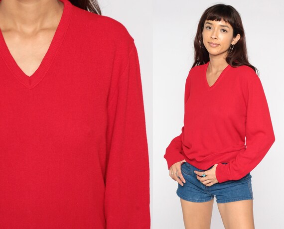 Red Sweater 80s V Neck Sweater Slouchy 80s Acryli… - image 1
