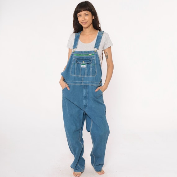 90s Liberty Overalls Blue Denim Cotton Wide Leg Baggy Carpenter Workwear Vintage Dungarees Green Zipper Pockets Mens Small Womens Medium M