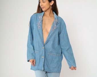 VTG Ashleigh Morgan 90s M Denim Cotton Blazer Retro Bedazzled 
