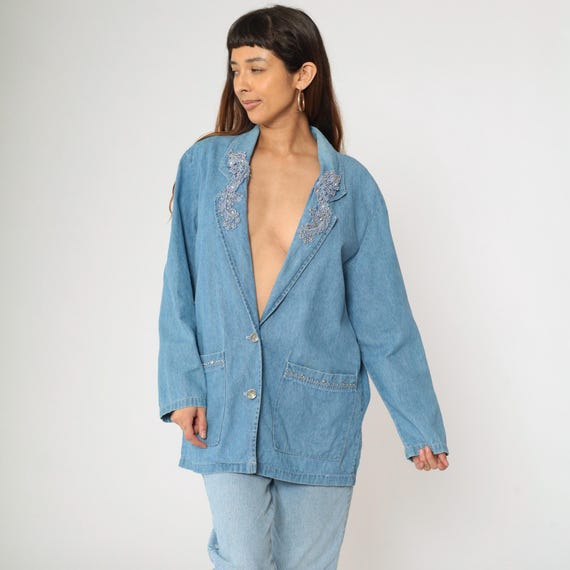 90s Denim Blazer Jacket Blue Rhinestone Studded Lace Applique Button Up Jacket Boho Retro Jacket Collared Vintage 1990s Oversized Medium
