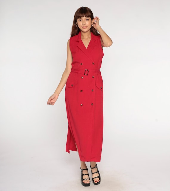 Red Summer Dress 90s Sleeveless Button Front Belted Waist Notched Collar Front Pockets Coral Vintage Vest Dress Beach Vacation Large L