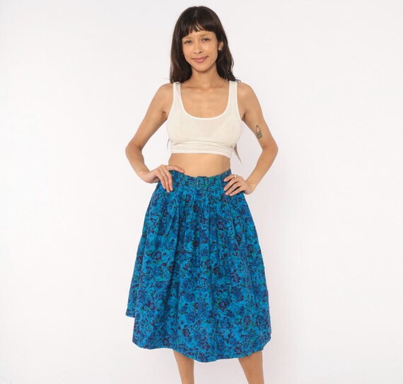 60s Batik Floral Skirt Cobalt Blue Purple Cotton Pleated Full High Waist Belted Circle Green Teal Violet 1960s Swing Vintage Extra Small XS