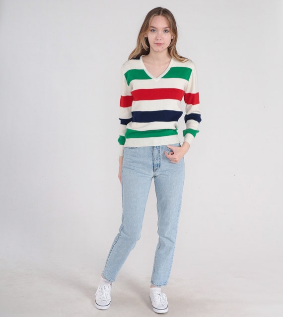 Striped Sweater 80s Knit Pullover V Neck Sweater … - image 4