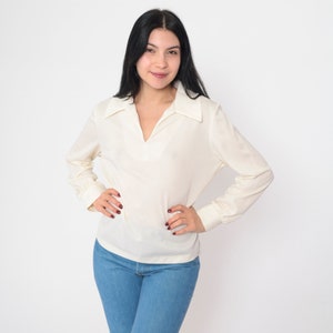 Off-White Blouse 70s Long Sleeve Top Semi-Sheer Shirt Collared V Neck Retro Boho Simple Seventies Long Sleeve Plain Vintage 1970s Medium M image 2