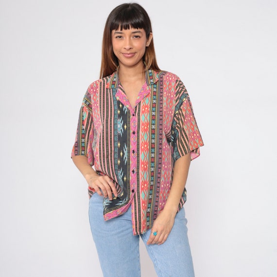 Striped Southwestern Shirt 90s Button up Blouse Abstract Geometric Navajo Eye Print Short Sleeve Collared Top Vintage 1990s Extra Large xl