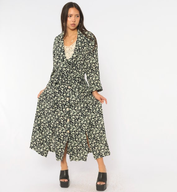 90s Navy Floral Dress Ditsy Print Button Front Long Sleeve Draped Green White Soft Grunge Prairie Gothic Preppy Nerdcore Vintage Large L