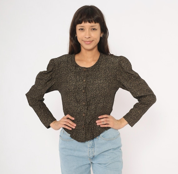 90s Puff Sleeve Blouse Black Gold Ditsy Floral Fitted Waist Prairie Top Dark Cottagecore Long Shirt Vine Print Earth Tone Vintage Small S