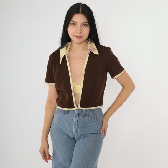 70s Boho Jacket Mod Brown Floral Trim Open Front Shirt Boho Blouse Hippie Top Short Sleeve Lightweight Dark Brown Vintage Bohemian Medium