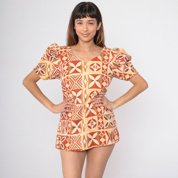 70s Puff Sleeve Blouse Geometric Tunic Top Micro Mini Dress Burnt Orange Yellow Longline Boho Shirt 1970s Hippie Vintage Small Medium 6 8