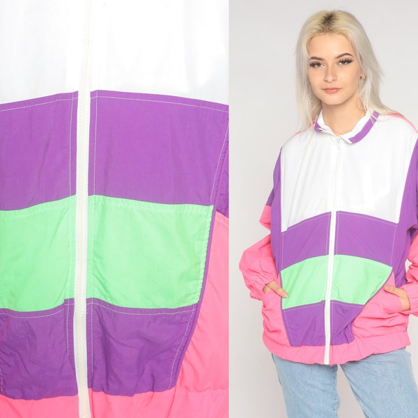 Striped Windbreaker 90s Neon Color Block Zip Up Jacket Retro Lightweight Shell Streetwear Pink Purple Nylon Vintage 1990s Medium M