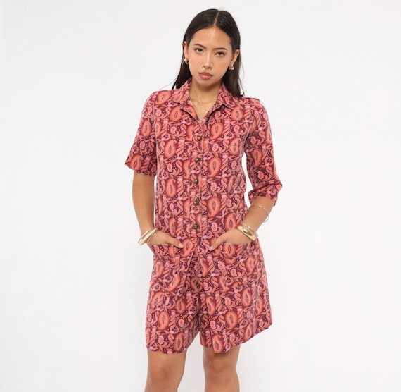 70s Paisley Romper Playsuit Cotton Jumpsuit Rose Coral Floral One Piece Shorts Vintage Mini Hippie Flower Power Summer Extra Small XS