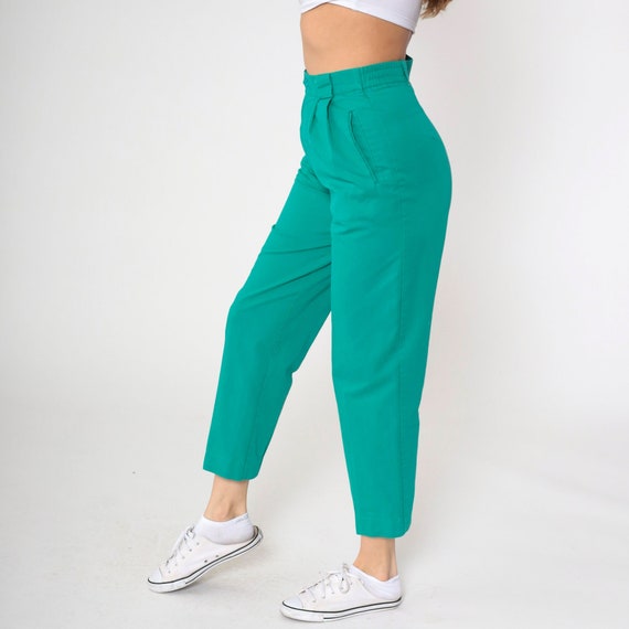 Green Pleated Trousers 80s Pants High Rise Tapered Leg Slacks Office Preppy Basic Elastic Waist Vintage 1980s Small S