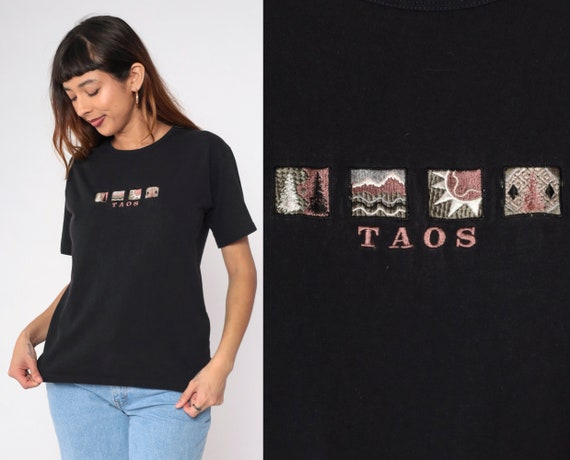 Taos New Mexico Shirt 90s Southwest T Shirt Tree Mountain Sun Graphic Tshirt Southwestern Print Vintage 1990s Black Embroidered Medium