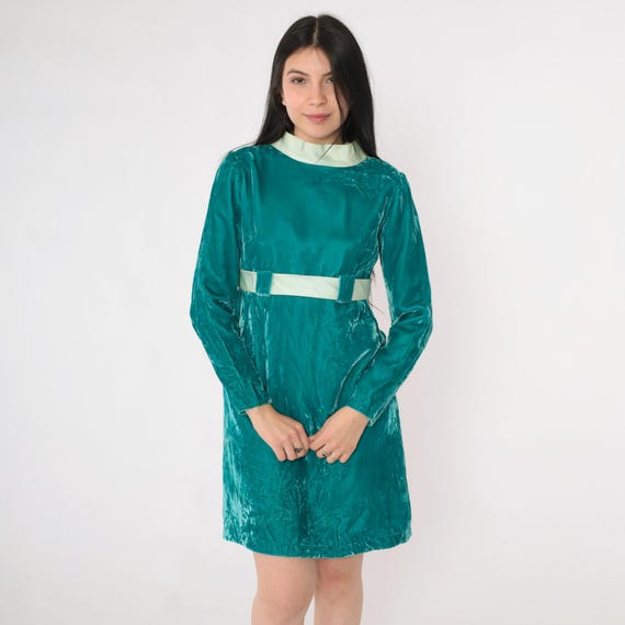 Vintage 60s Velvet Party Dress Teal Green Babydoll Mod Mini Party Cocktail Formal 1960s Empire Waist Bow Long sleeve MiniDress Prom Small S