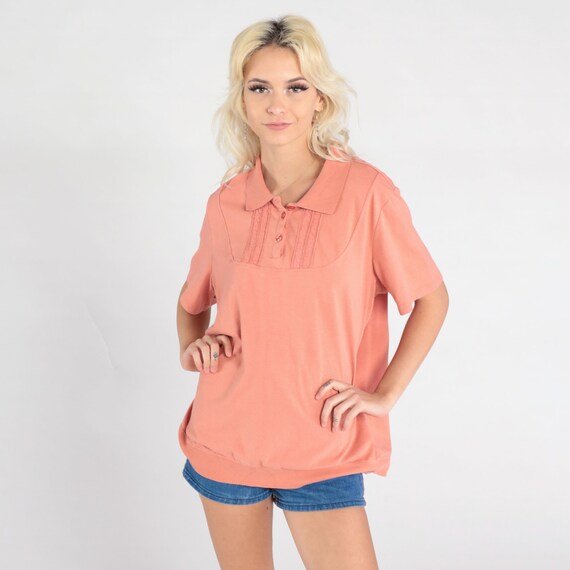 90s Polo Shirt Salmon Pink Shirt Lace Trim Quarter Button Retro Short Sleeve Collared Shirt Preppy Normcore 1990s Vintage Extra Large xl