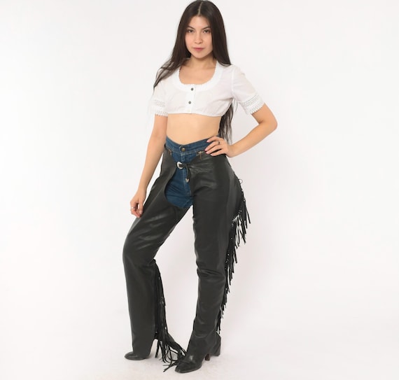 90s Fringed Leather Chaps Black Western Riding Fringe Leg Cover Motorcycle Biker Cowgirl Rodeo Silver Buckle Horseback Equestrian Vintage