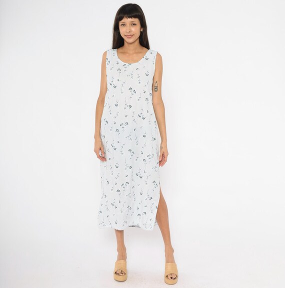 90s Floral Maxi Dress White Navy Botanical Sleeveless Tank Shift Side Slit Cottagecore Summer Sundress Blue Wildflower Vintage Medium M