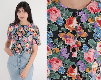 Floral Crop Top 90s Button up Blouse Black Flower Rose Print Cropped Shirt Feminine Girly Short Sleeve Pink Blue Purple Vintage 1990s Small