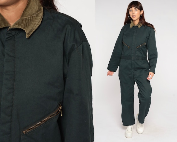 Walls Coveralls Y2k Dark Green Workwear Jumpsuit Insulated Coverall Pants Quilted Lining Corduroy Collar Retro Vintage 00s Mens Extra Large