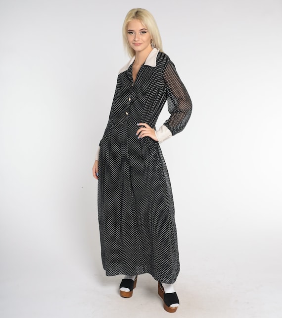 Polka Dot Maxi Dress 70s Long Mod Dress Button Up Collared High Waist Long Sheer Sleeve Contrast Collar Retro Gothic Vintage 1970s Medium