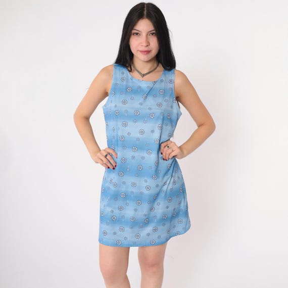 90s Floral Summer Dress Size Large Blue Sundress Daisy Print Mini Sun Dress 1990s Scoop Neck Vintage A-Line Shift Boho Sleeveless Dress L