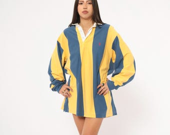 Camisa de rugby Ralph Lauren de los 90, polo de algodón a rayas azul marino, amarillo dorado, rayas verticales, estilo preppy universitario, ropa deportiva vintage unisex, talla L