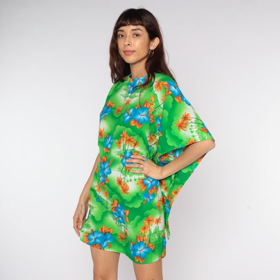70s Hawaiian Dress Angel Sleeve Dress Tropical Palm Boho Mini Dress Bell Sleeve Dress Floral Shift Hippie Dress 1970s Green Bohemian Medium
