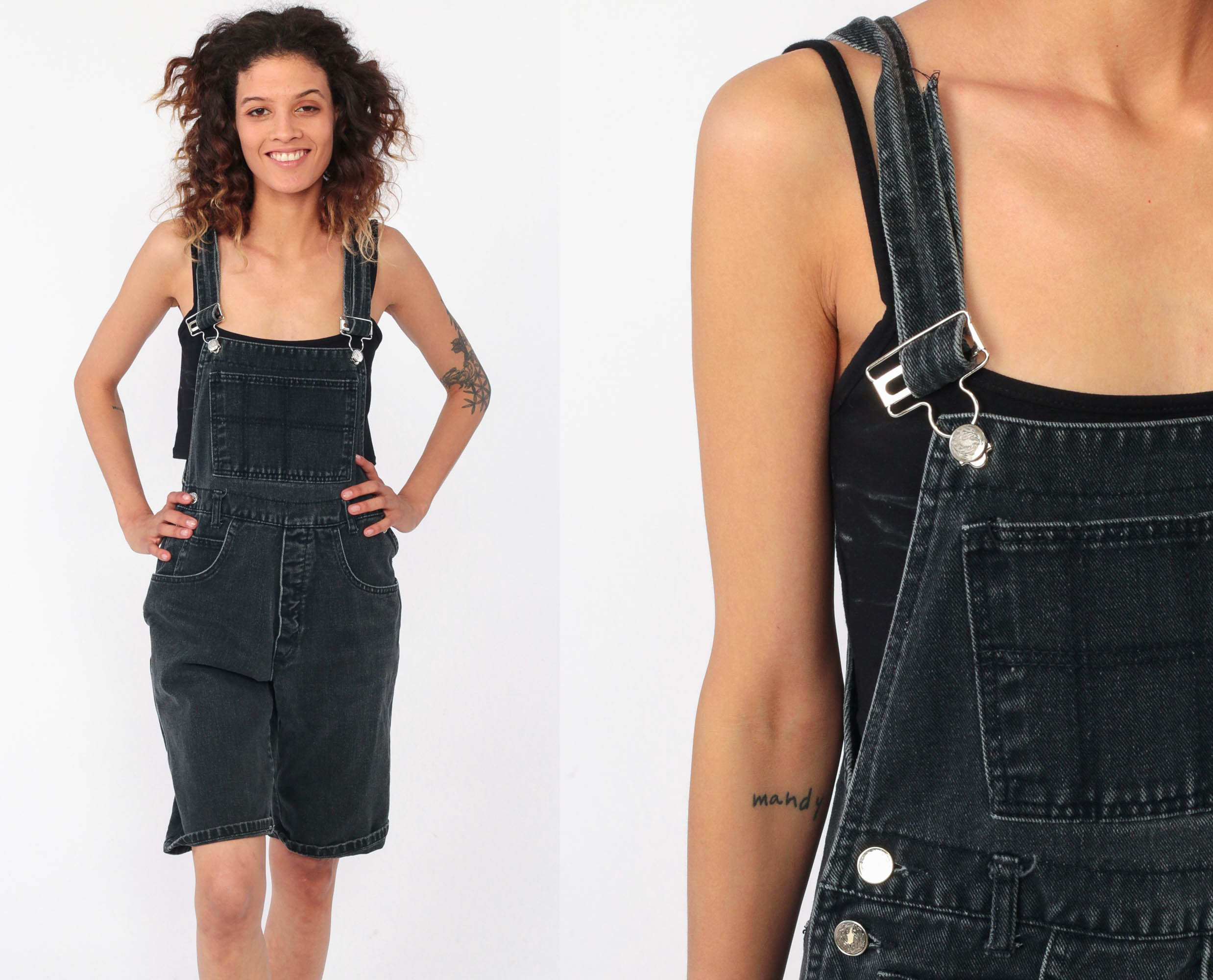 black denim overalls shorts