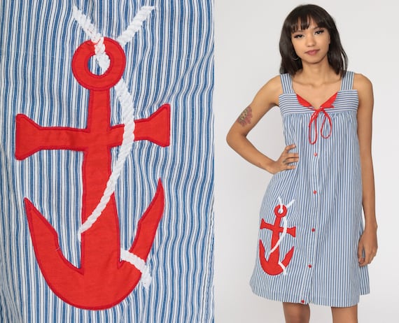 70s Nautical Dress Anchor Sundress Mini Boho Sun … - image 1