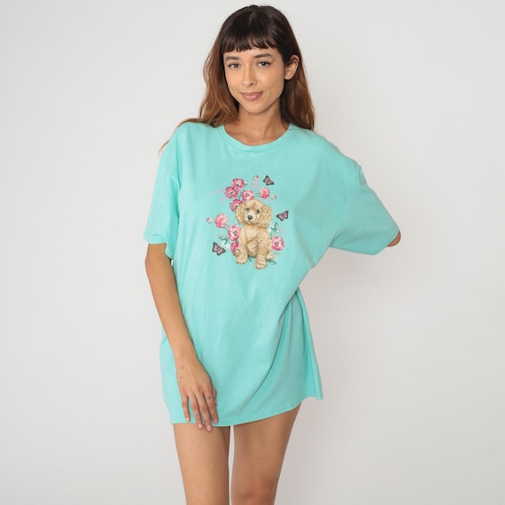 Cocker Spaniel Puppy Tee 90s Dog Floral Butterfly Cotton Turquoise Mint Green T Shirt Animal Vintage Graphic Top Kawaii Extra Large XL