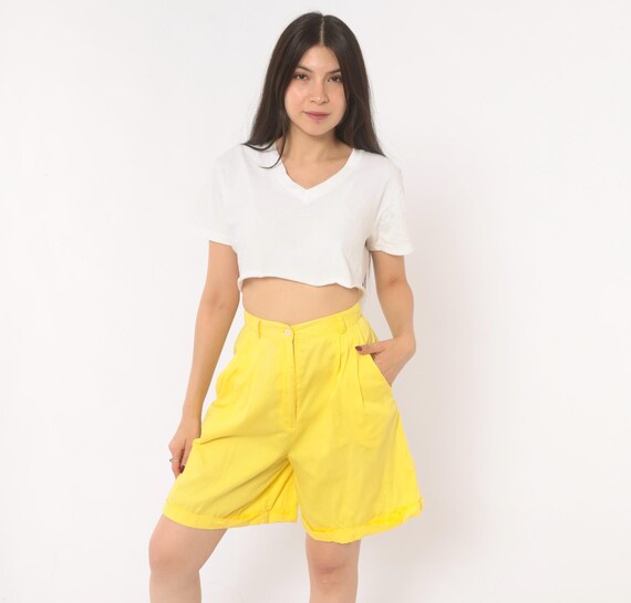 80s Butter Yellow Shorts Pleated High Waist Cotton Bermuda Cuffed Hem Preppy Summer Collegiate Lemon Knee Length Trouser Extra Small XS