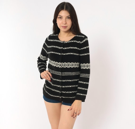 90s Fair Isle Cardigan Black White Nordic Button Front Knit Sweater Geometric Stripe Winter Wool Moda Intl Vintage Medium M