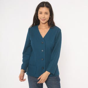 70s Blue Blazer Button Front V Neck Collarless Jacket Patch Pockets Structured Navy Blue Cobalt Cardigan Coat Women Vintage Small S