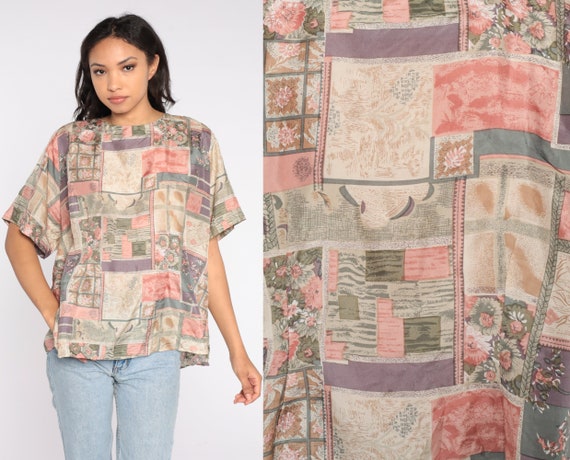 90s Silk Shirt Abstract Floral Geometric Patchwork Print Blouse 1990s Pastel Short Sleeve Girly Top Pink Purple Vintage Extra Large xxxl 3xl