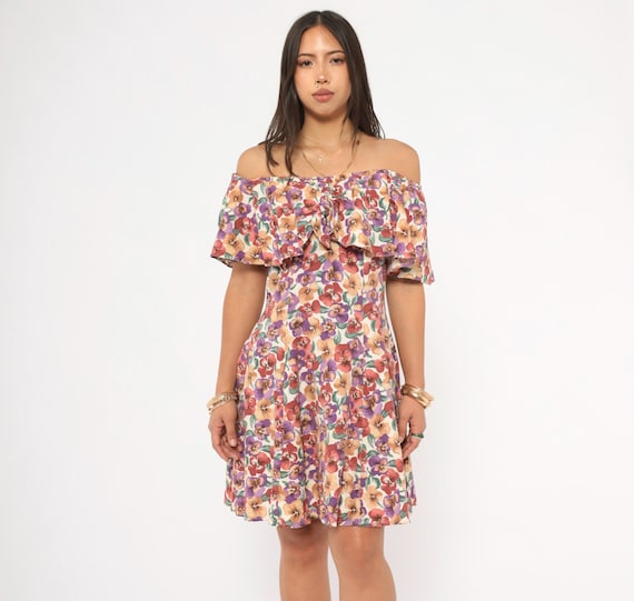 Pansy Off Shoulder Dress Print 90s Floral Ruffle Mini Strapless Purple Peach Flower Garden Party Sundress Summer Feminine Vintage Small S