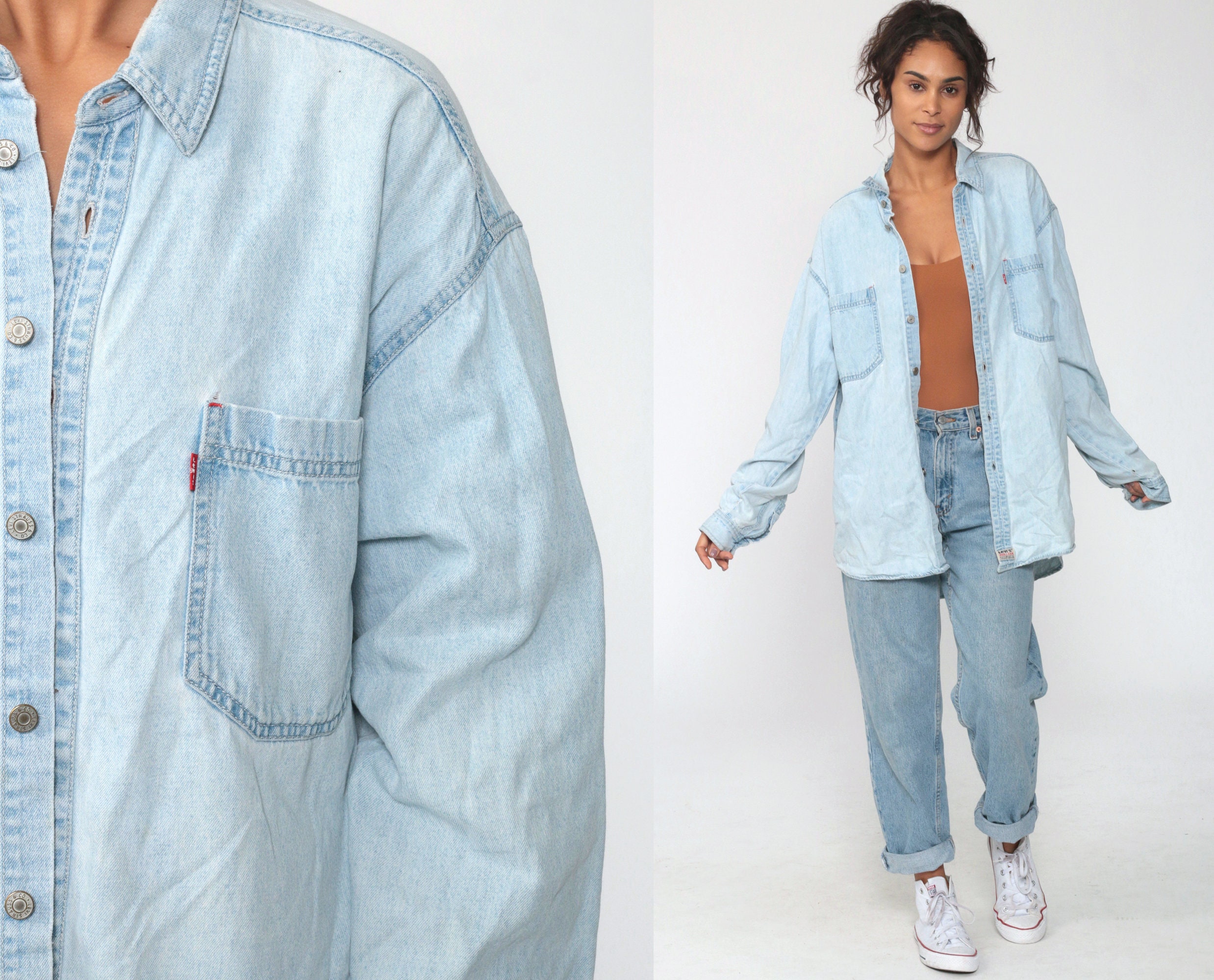 light blue denim button up shirt