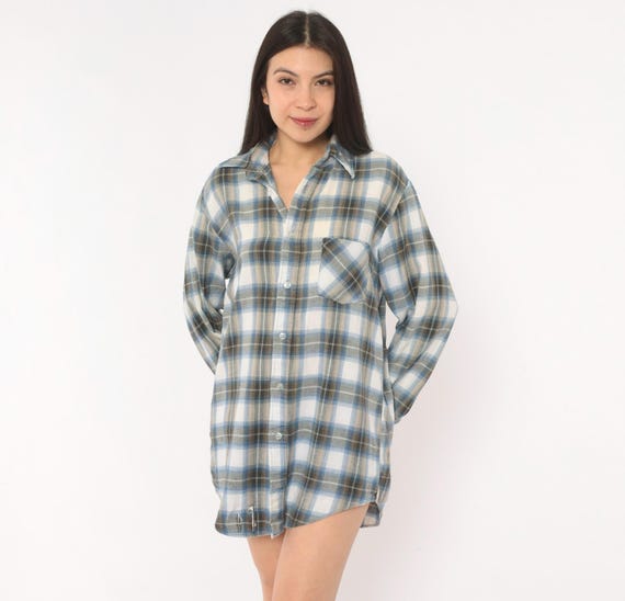 80s Plaid Flannel Shirt Blue White Cotton Button Front Chest Pocket Long Sleeve Collar Grunge Sears Relaxed Fit Casual Check Top Medium M