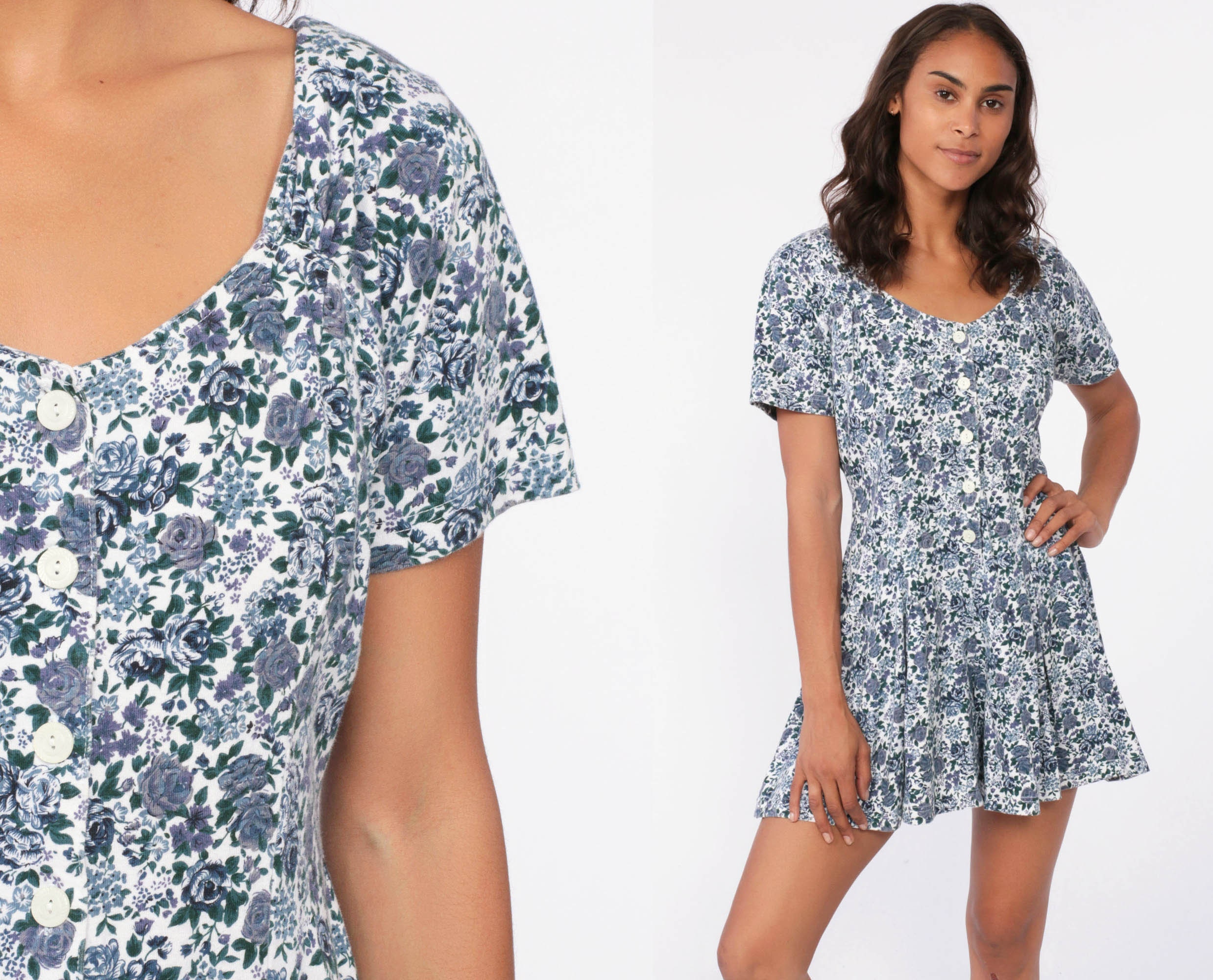 size medium women/'s vintage vintage size medium grunge mini 90s PETITE blue /& yellow FLORAL dress